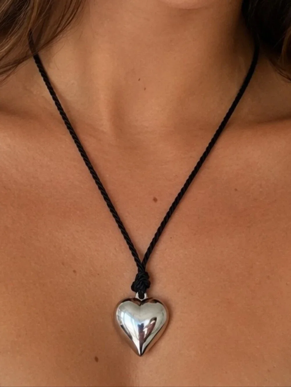 3D Silver Heart Puffy Hollow Pendant Charm On Black Cord Necklace Boho Jewelry